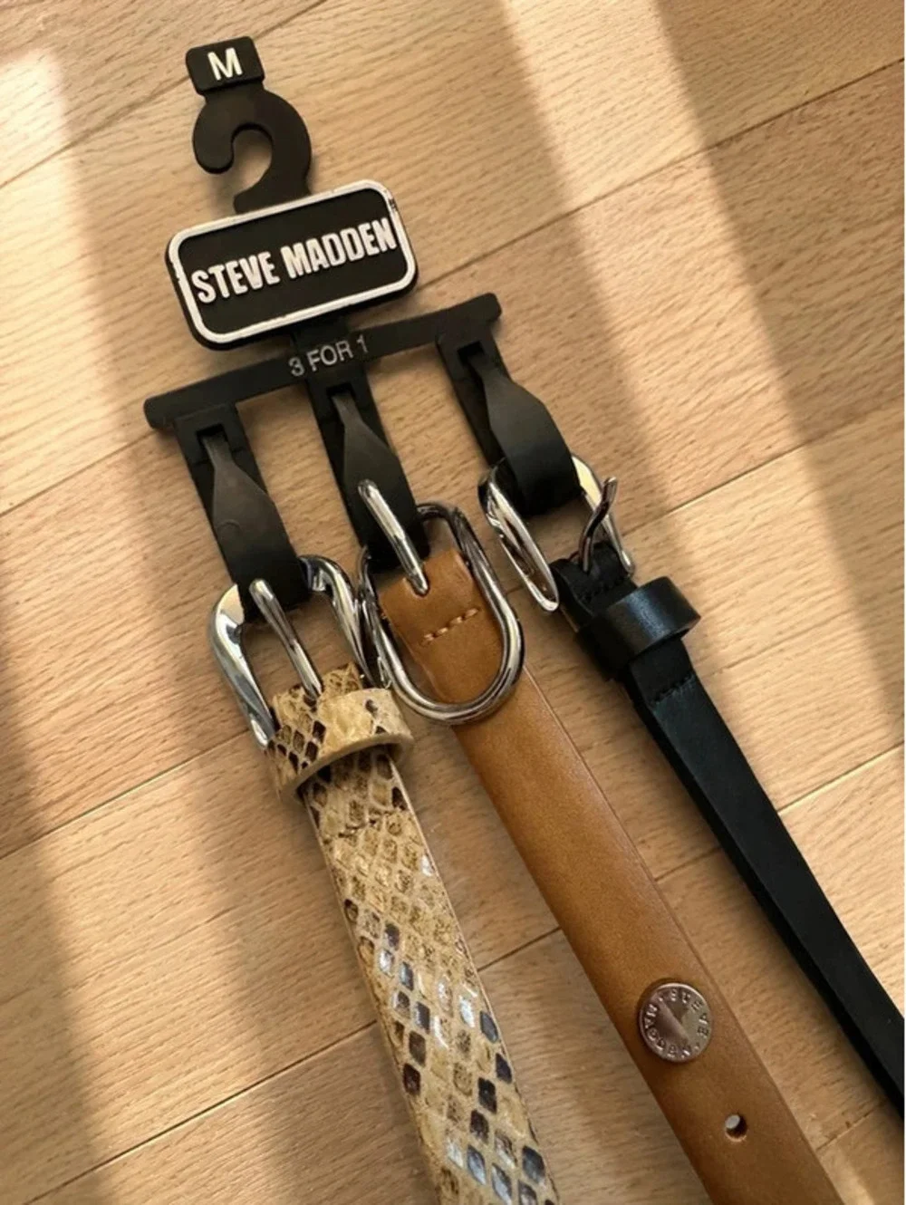 Steve Madden 3 Pack Skinny Belts Black Tan Snake Print Size Medium NWT
